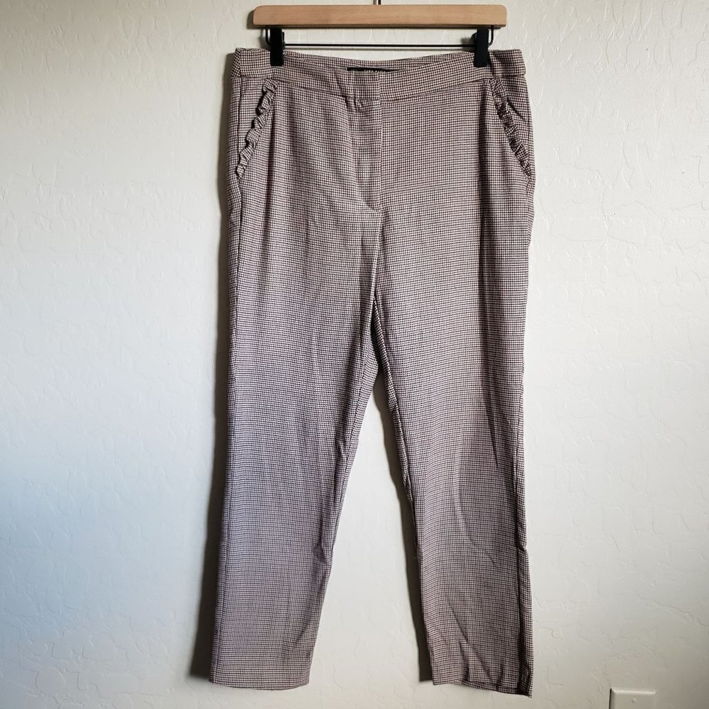 Zara Houndstooth Ankle Cropped Pants Trousers Ruffle Pockets Size Women's Large